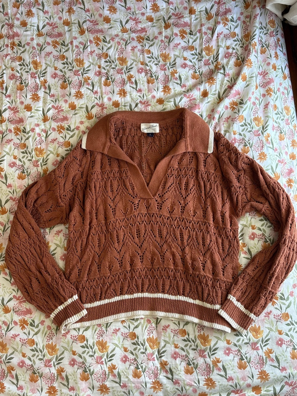 Universal Thread Long Sleeve Open Knit Sweater Size M Brown White Stripes Fall - Picture 6 of 6
